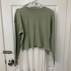 Aritzia TNA Waffle Crew Boxy Longsleeve Top - Silver Sage Green